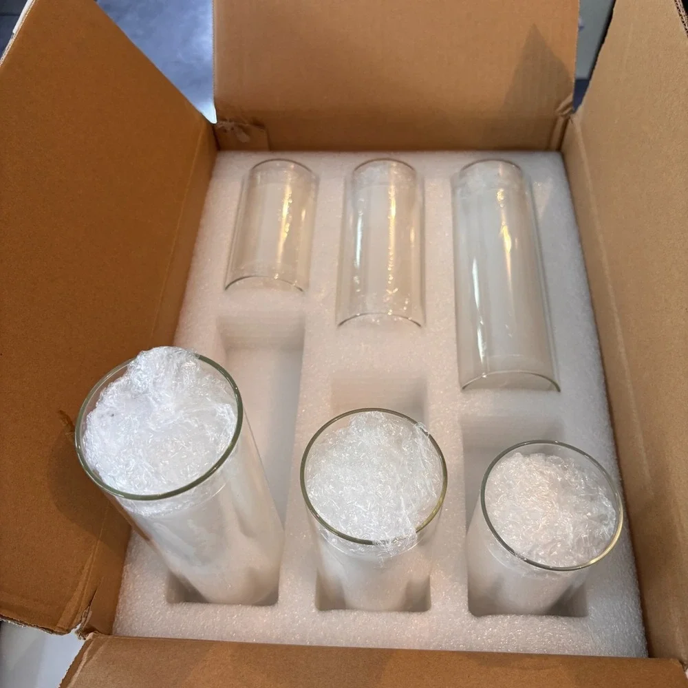 Set of 12 White Pillar Candles with Glass Cylinder Vases Clear Hurricane Glass